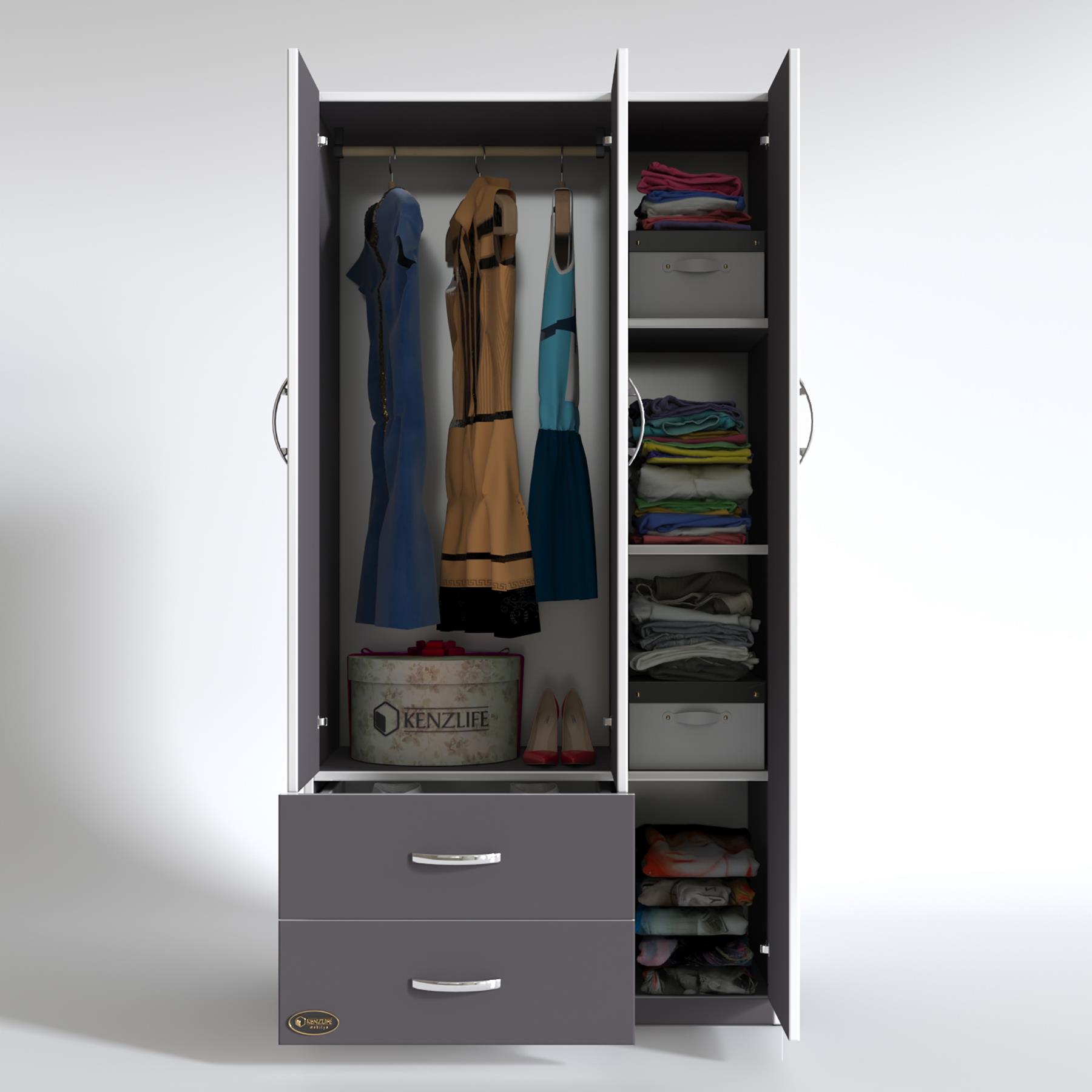 Kenzlife gardırop 3 kapılı 2 çekmeceli fesleğen 180*120*52 gri XLARGE kapaklı gardolap dolap