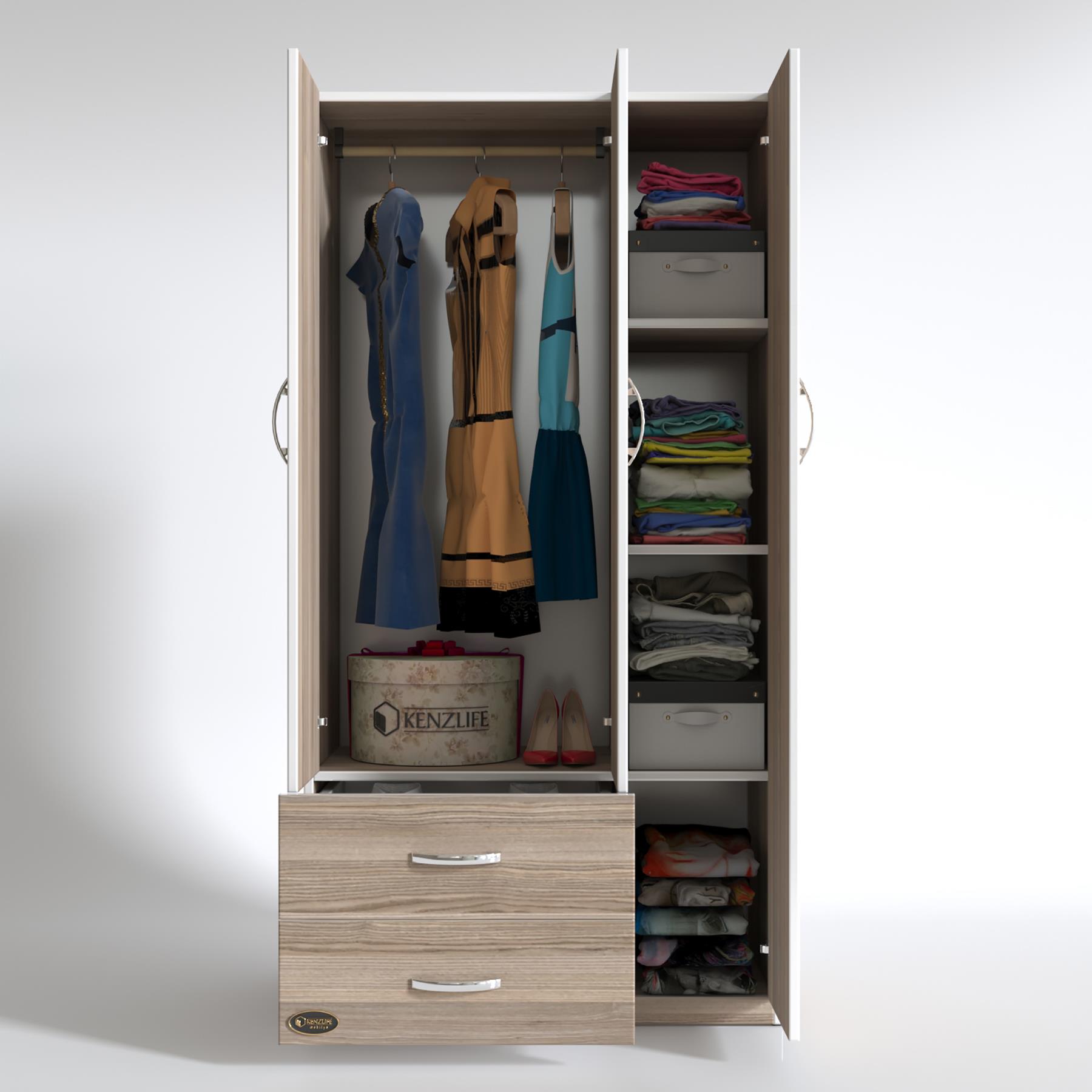 Kenzlife gardırop 3 kapılı 2 çekmeceli fesleğen 180*120*52 crd XLARGE kapaklı gardolap dolap