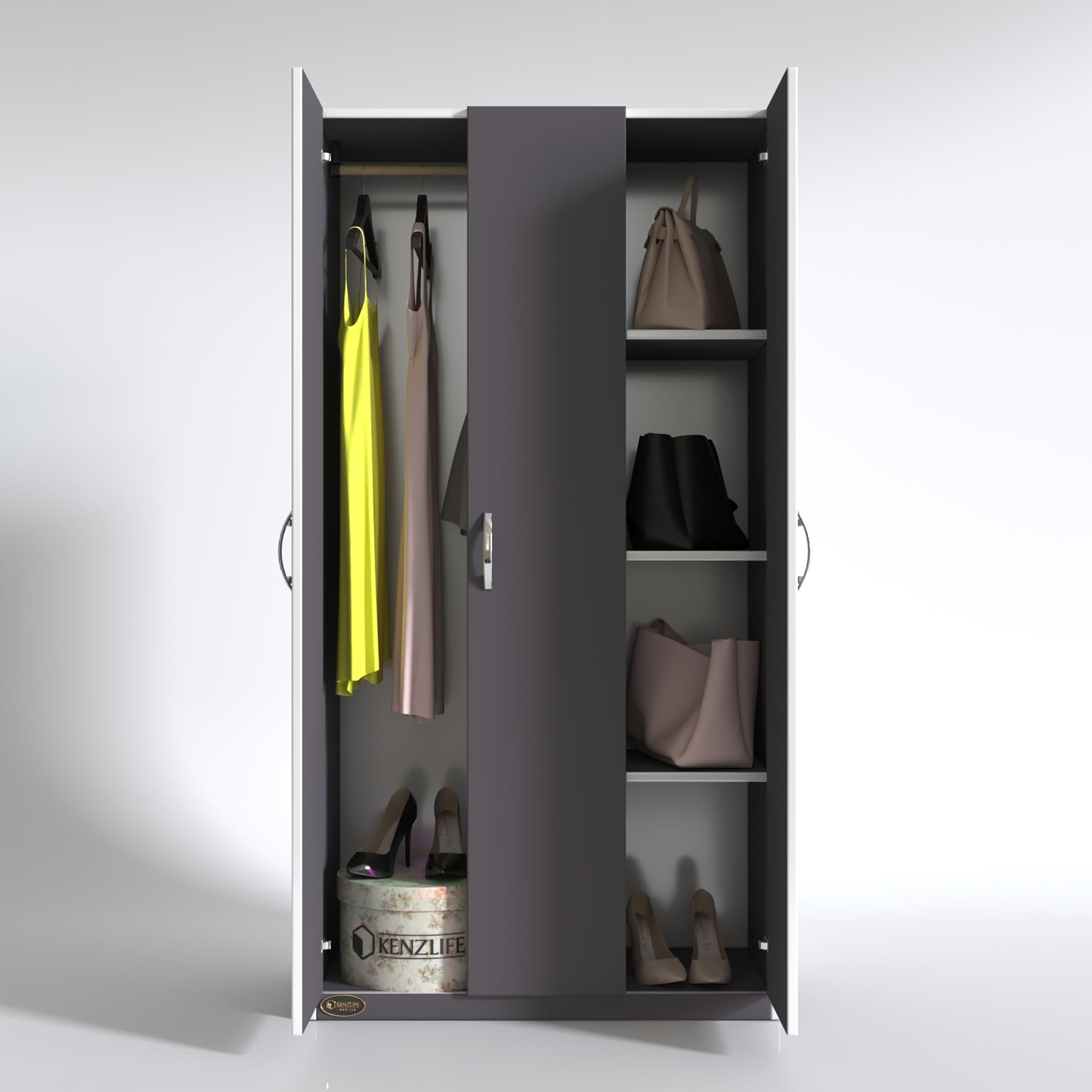 Kenzlife gardırop 3 kapılı ballıbaba 180*120*52 gri XLARGE kapaklı gardolap dolap