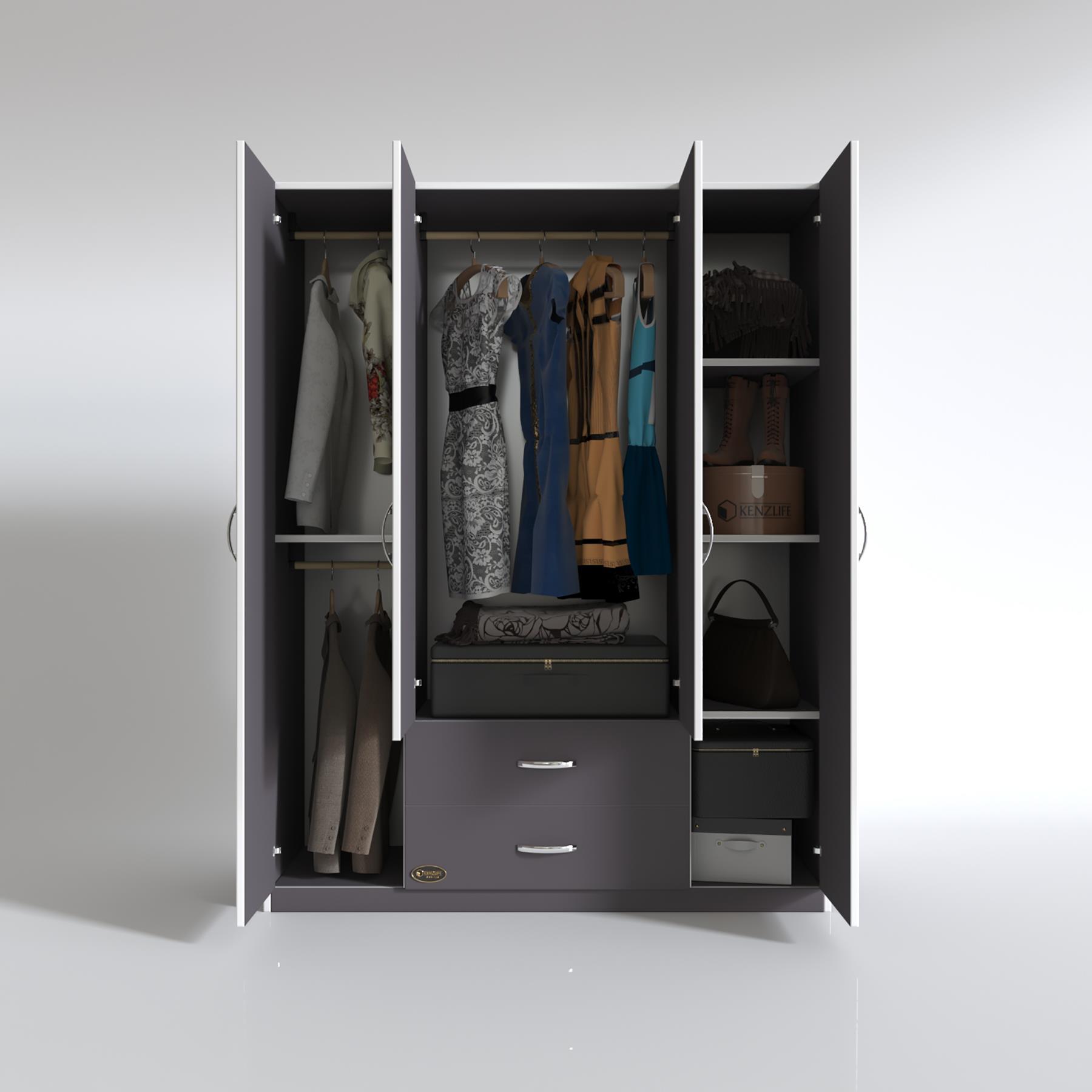 Kenzlife gardırop 4 kapılı 2 çekmeceli deligül 180*160*52 gri XLARGE kapaklı gardolap dolap