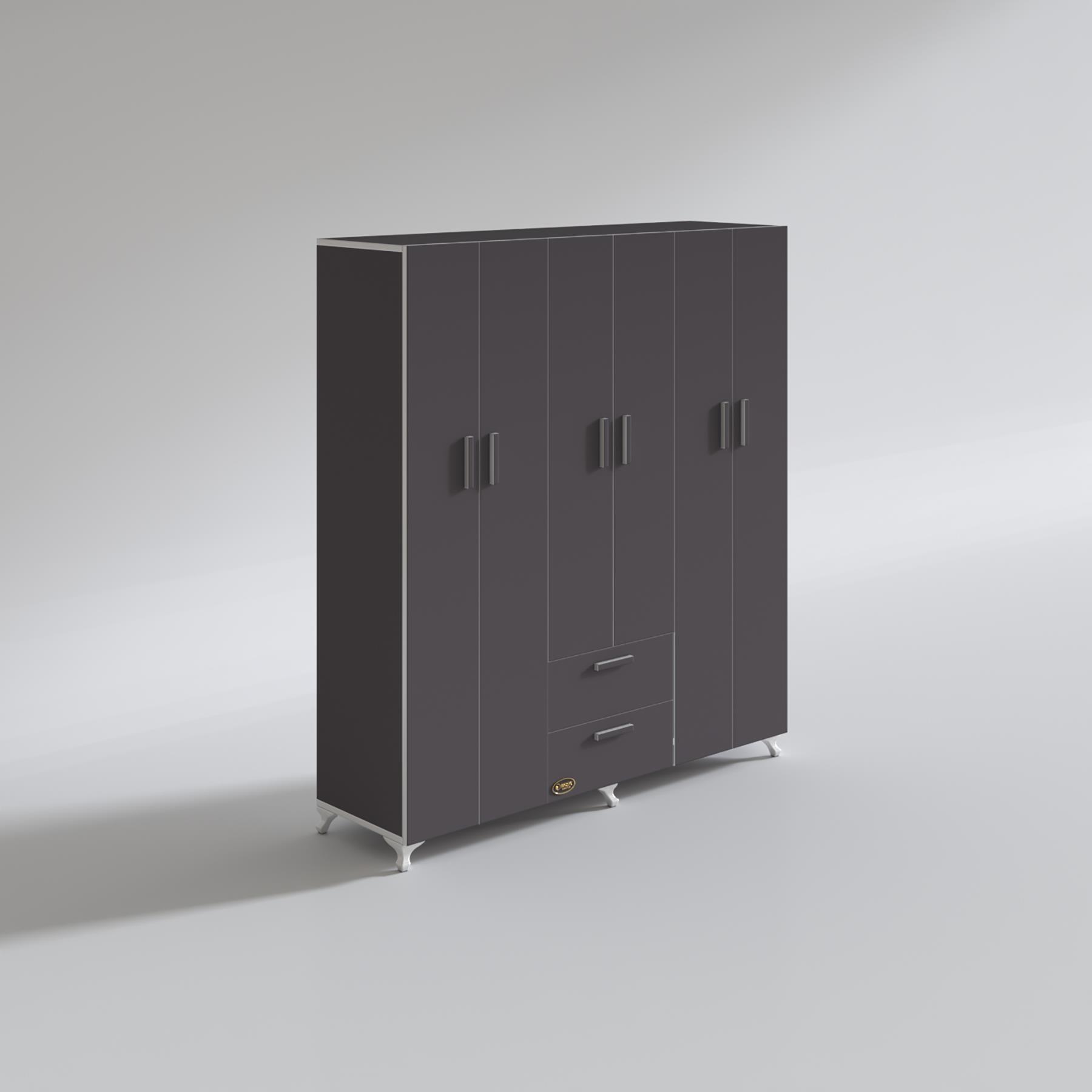 Kenzlife gardırop 6 kapaklı kapılı 2 çekmeceli glayör 168*150*42 gri ayaklı gardolap dolap