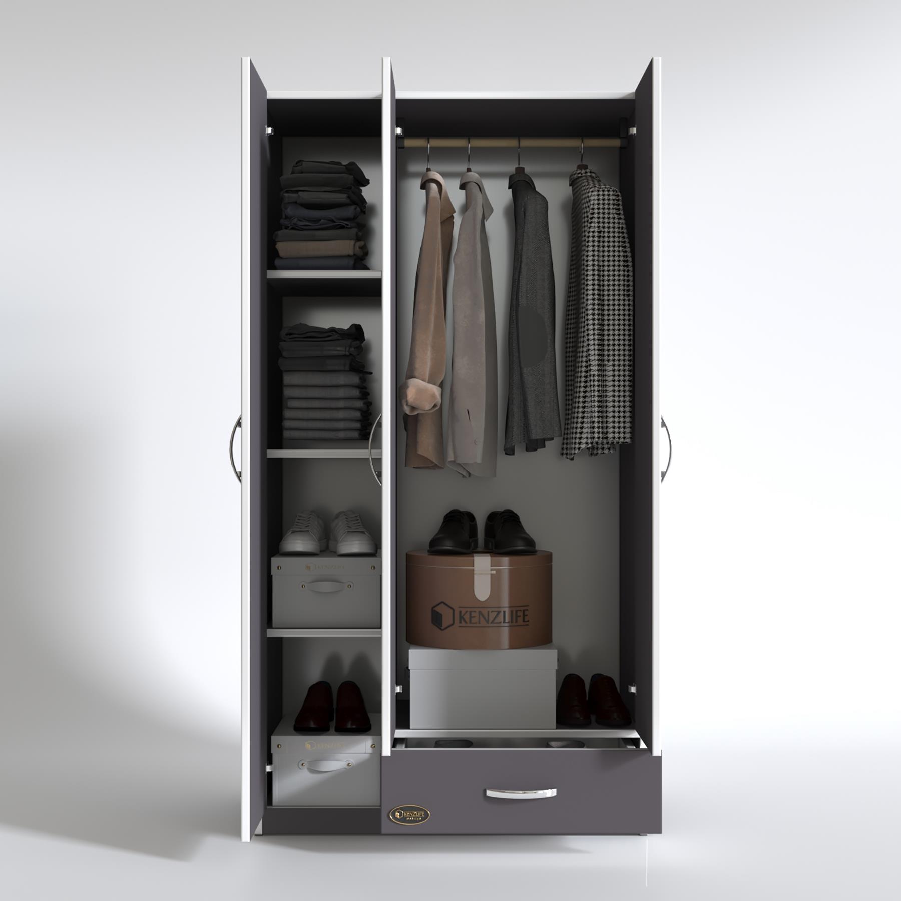 Kenzlife gardırop 3 kapılı 1 çekmeceli hanımeli 180*120*52 gri XLARGE kapaklı gardolap dolap